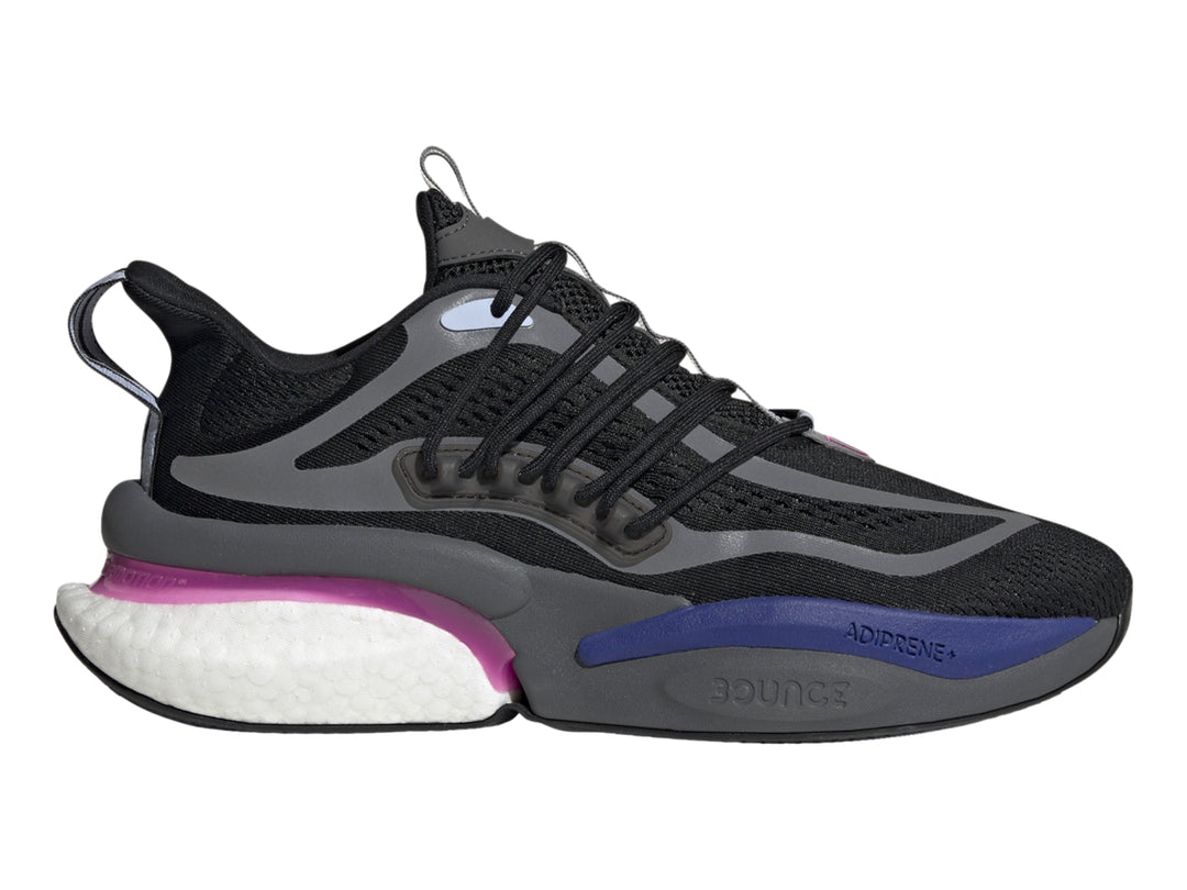 Tenis Adidas Alphaboost V1 color negro con detalles en fucsia y azul, y suela blanca.