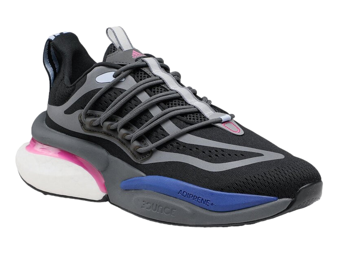 Tenis Adidas Alphaboost V1 color negro con detalles en fucsia y azul, y suela blanca.