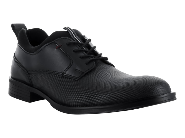 Zapato formal de piel color negro con cordones y detalle texturizado lateral.
