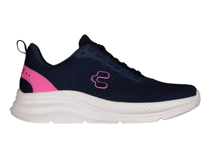 Tenis deportivos Charly color azul marino con detalles en rosa y suela blanca.