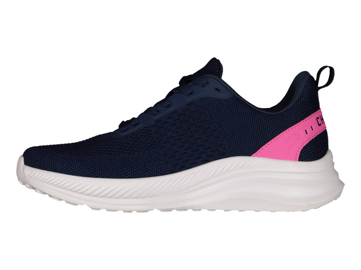 Tenis deportivos Charly color azul marino con detalles en rosa y suela blanca.