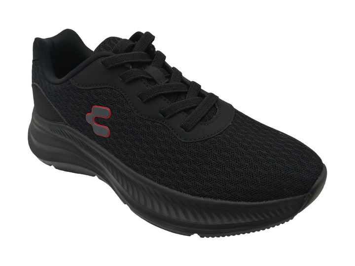 Tenis deportivos color negro de la marca Charly con suela negra y logotipo rojo.