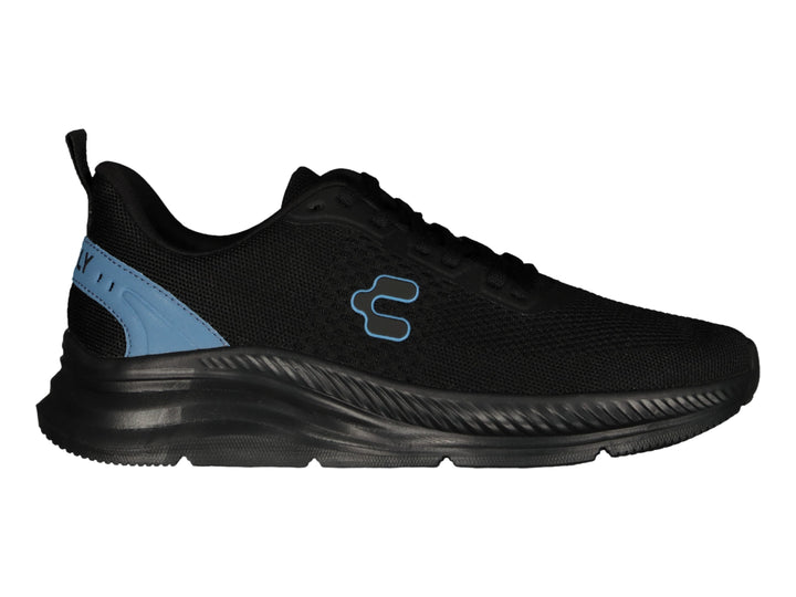 Tenis deportivos Charly en color negro con detalles en azul y suela negra.