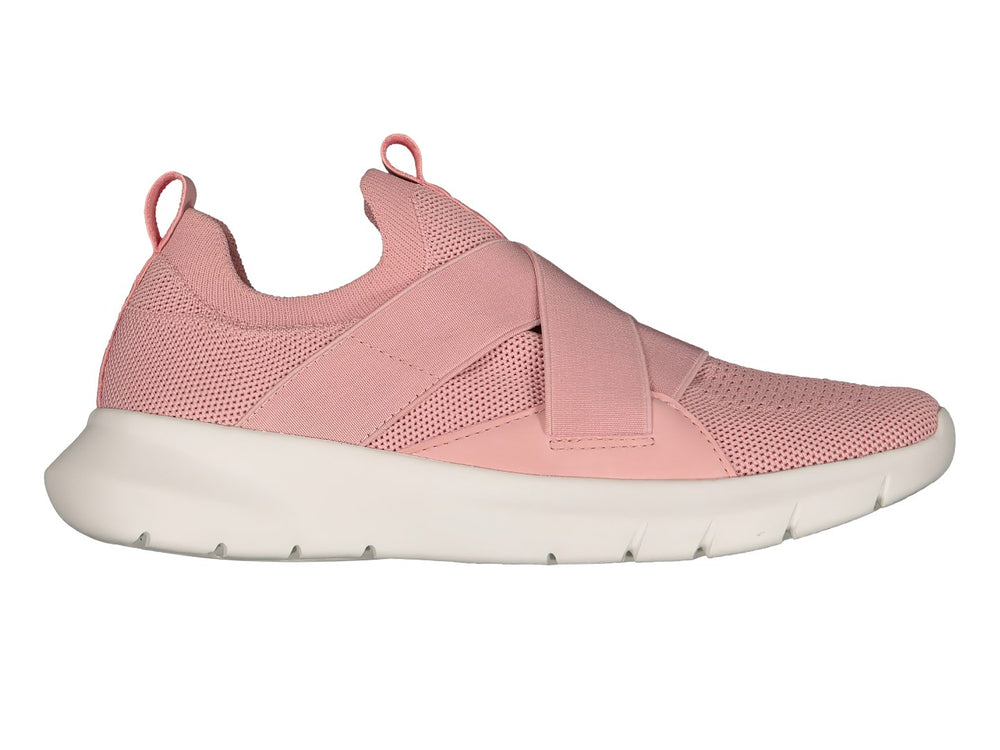 Tenis deportivos Charly color rosa con suela blanca y cintas elásticas cruzadas en la parte superior.