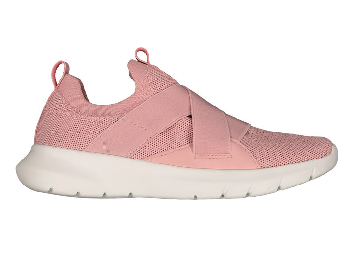 Tenis deportivos Charly color rosa con suela blanca y cintas elásticas cruzadas en la parte superior.
