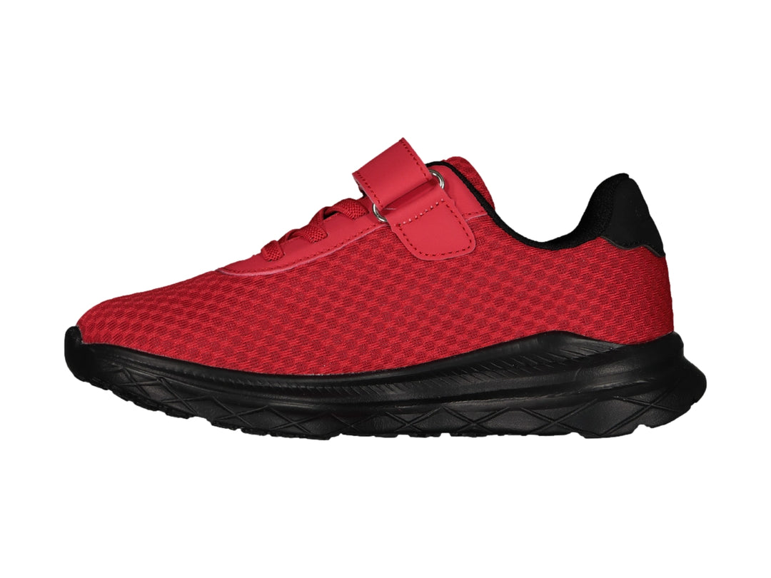 Tenis deportivos Charly para niño en color rojo con suela y detalles en negro, cierre de correa con velcro.