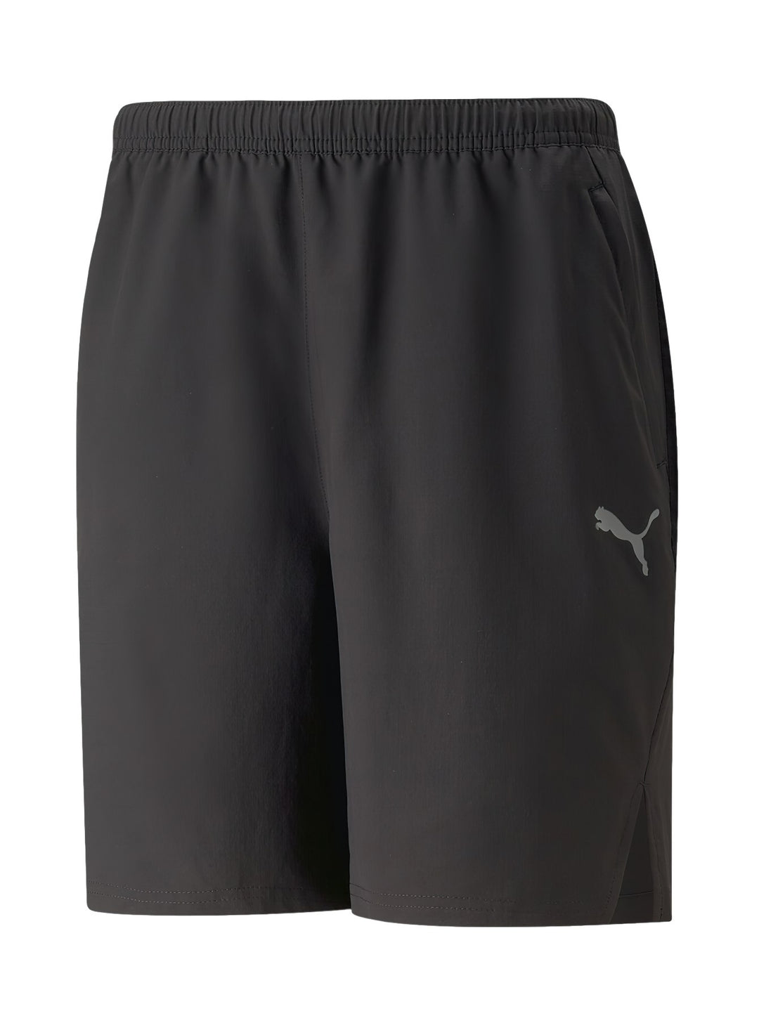 Pantalones cortos deportivos PUMA color negro con logotipo gris en la pierna izquierda y cintura elástica.