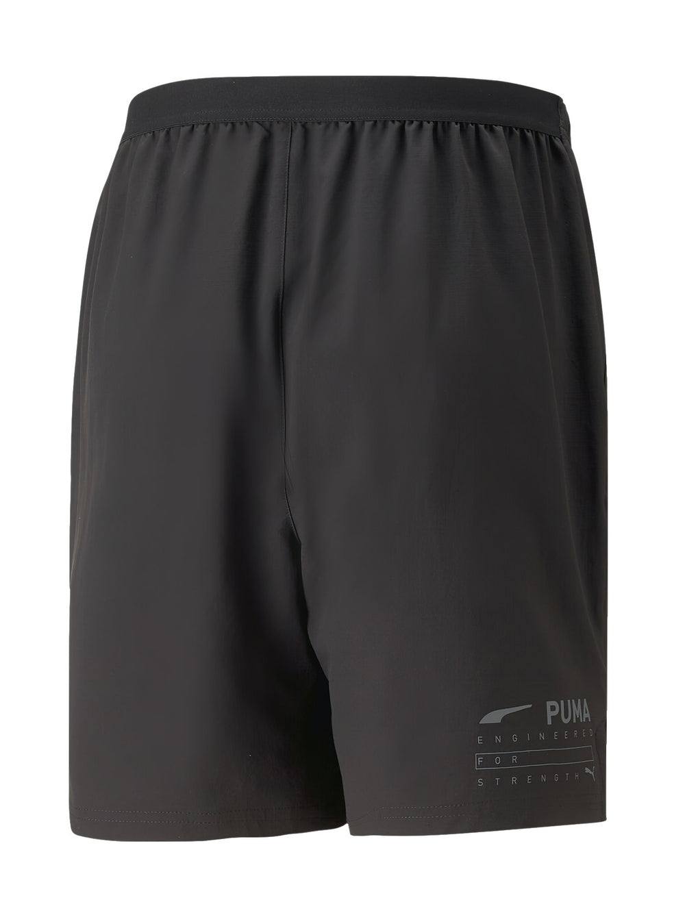 Pantalones cortos deportivos PUMA color negro con logotipo gris en la pierna izquierda y cintura elástica.