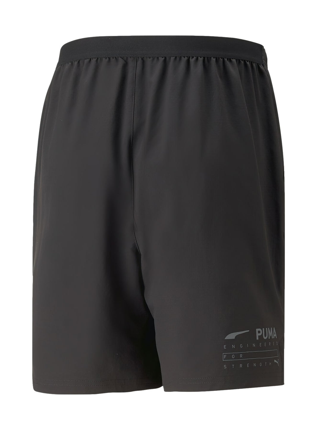 Pantalones cortos deportivos PUMA color negro con logotipo gris en la pierna izquierda y cintura elástica.