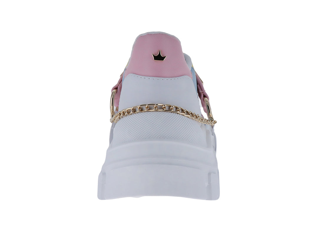 Tenis plataforma multicolor con suela blanca gruesa y detalles metálicos dorados.