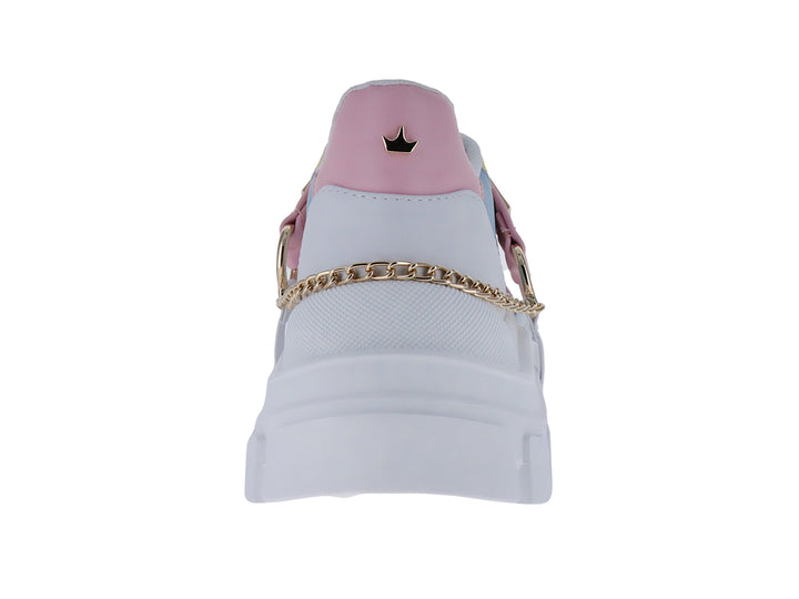 Tenis plataforma multicolor con suela blanca gruesa y detalles metálicos dorados.