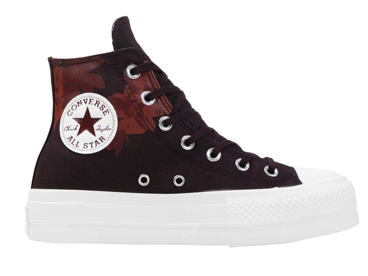 Tenis Converse Chuck Taylor All Star Lift HI en color Black Cherry con estampado floral y suela de plataforma blanca.