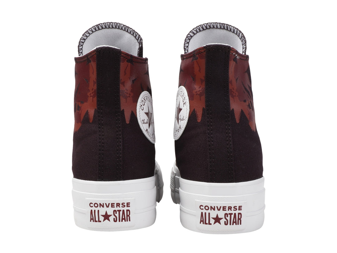 Tenis Converse Chuck Taylor All Star Lift HI en color Black Cherry con estampado floral y suela de plataforma blanca.