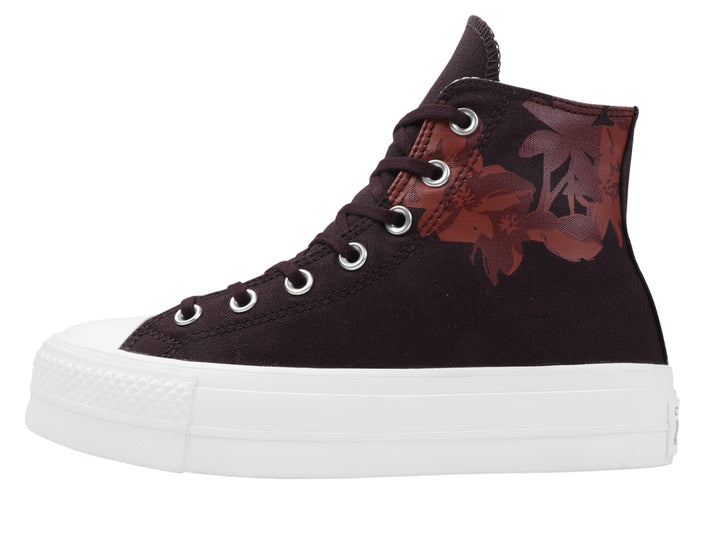Tenis Converse Chuck Taylor All Star Lift HI en color Black Cherry con estampado floral y suela de plataforma blanca.