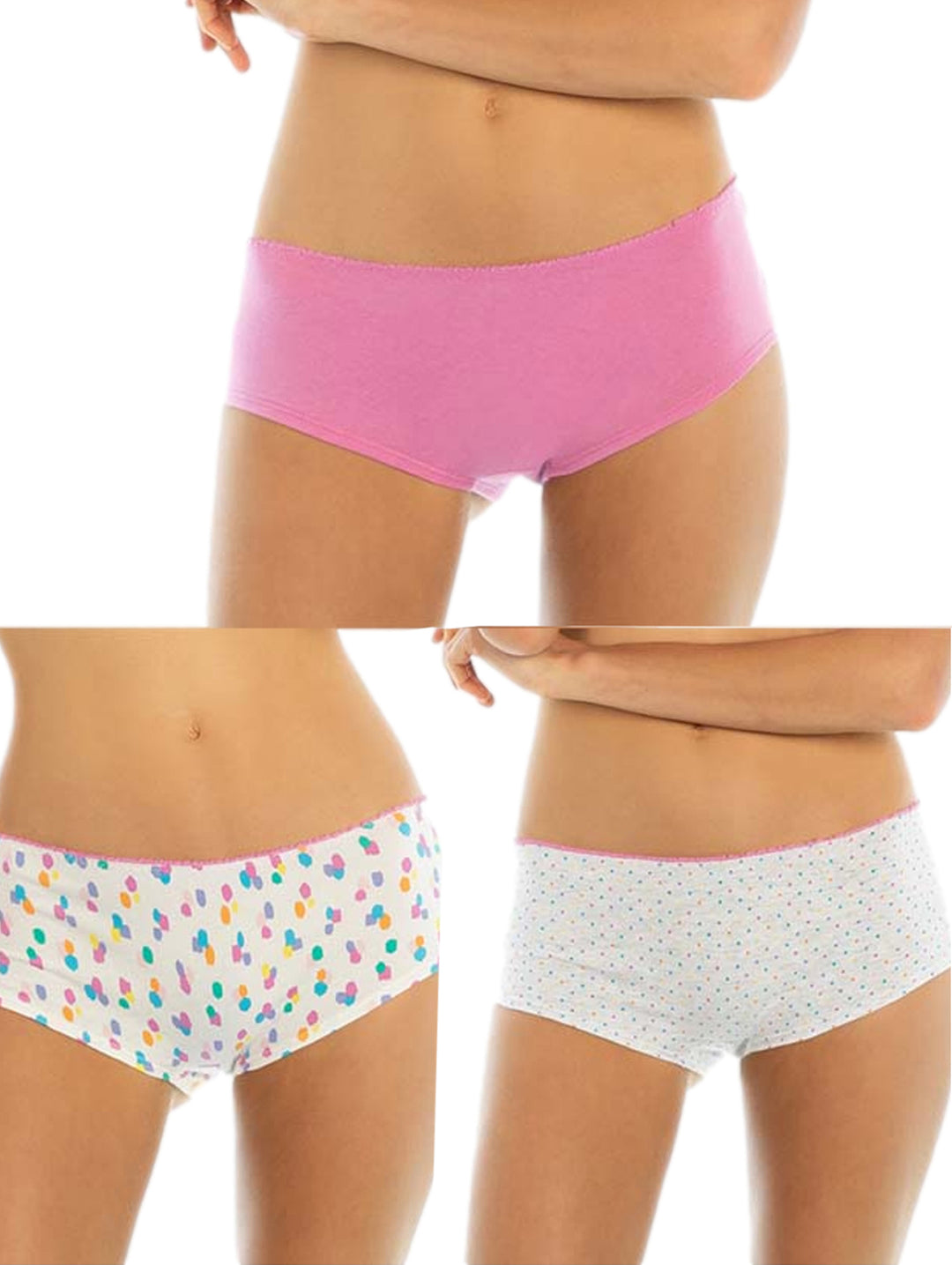 Tres opciones de mini boxers para mujer: uno rosa sólido y dos blancos con puntos de colores.