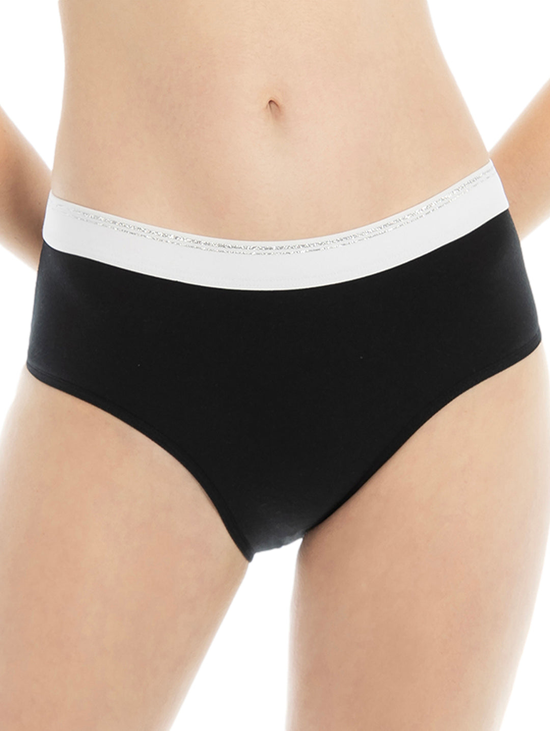 Calzones tipo bikini color negro con banda elástica blanca en la cintura.