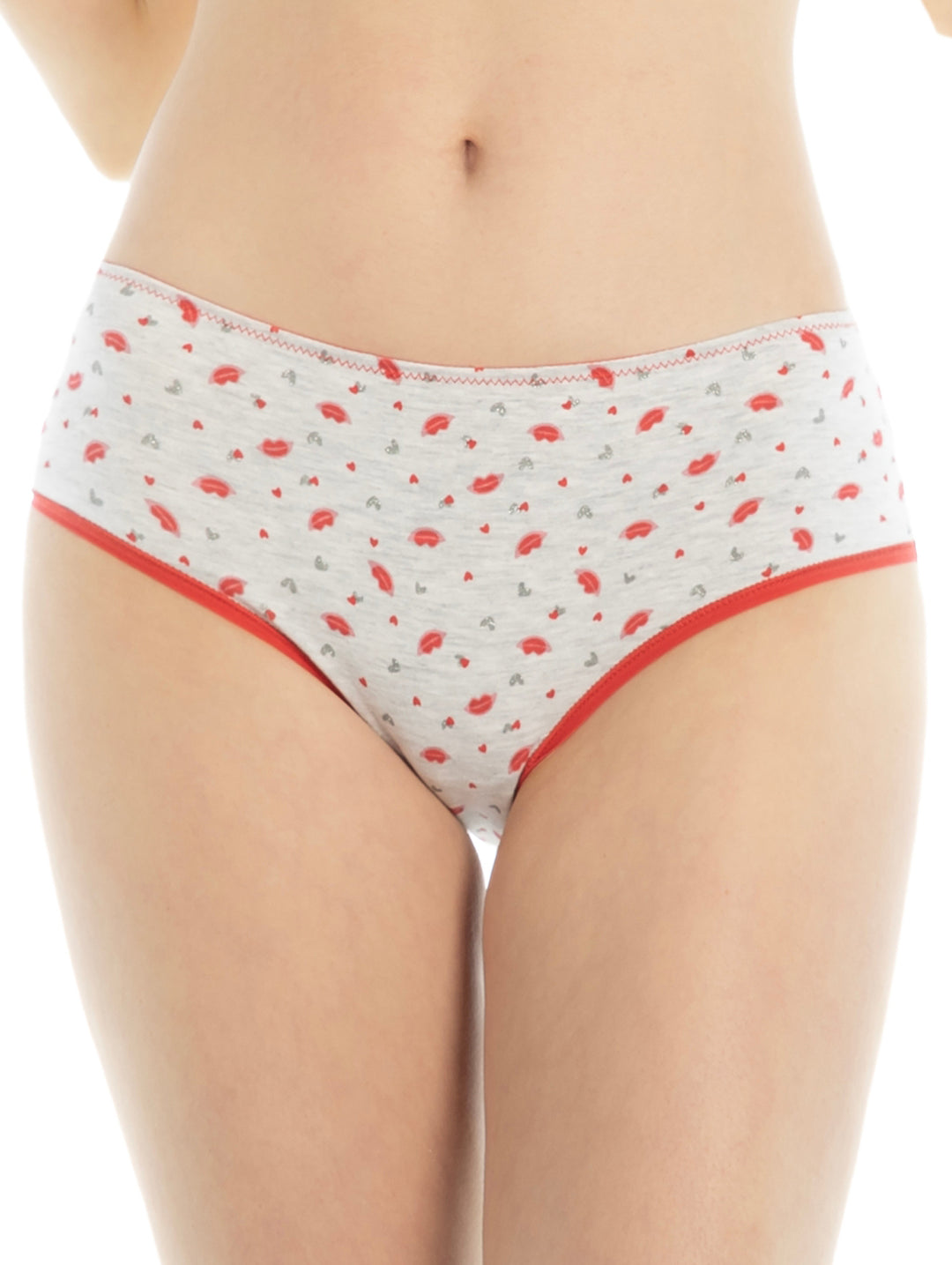 Calzones tipo bikini color gris jaspeado con estampado de labios rojos y ribete rojo.
