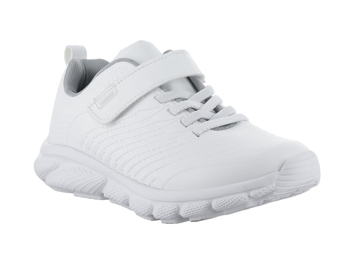Tenis escolares blancos para niño o niña con cierre de velcro y agujetas.