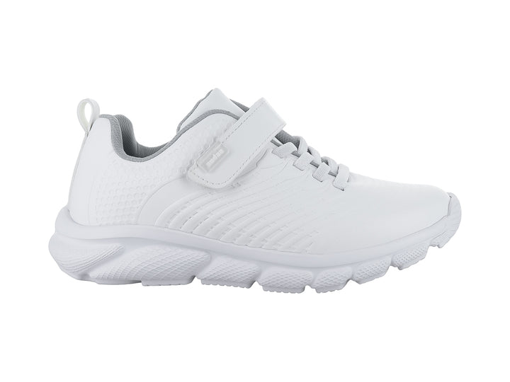 Tenis escolares blancos para niño o niña con cierre de velcro y agujetas.