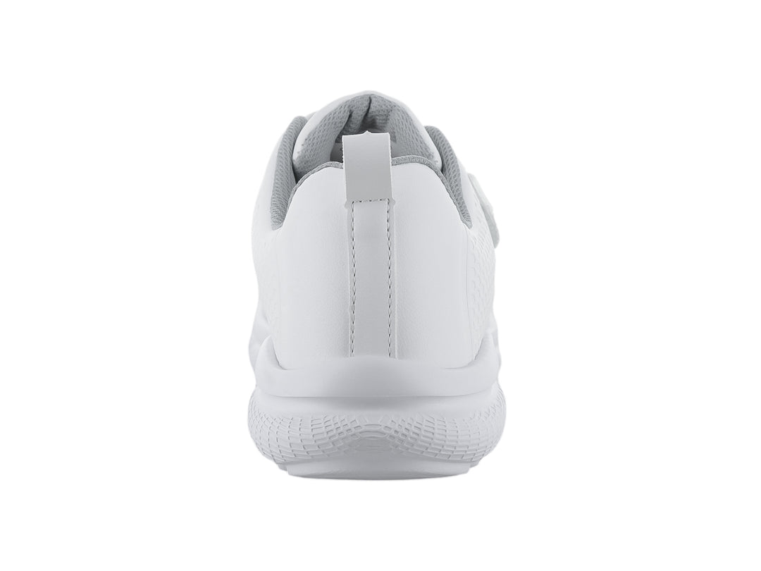 Tenis escolares blancos para niño o niña con cierre de velcro y agujetas.