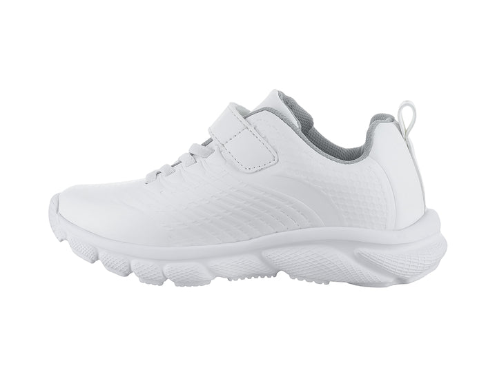 Tenis escolares blancos para niño o niña con cierre de velcro y agujetas.