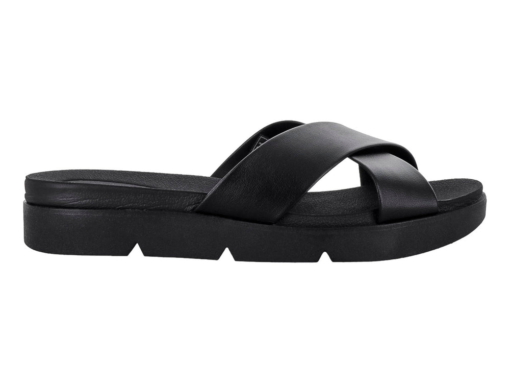 Sandalias negras de plataforma con tiras cruzadas en la parte superior y suela gruesa.