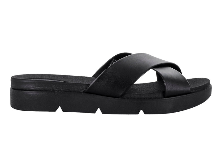 Sandalias negras de plataforma con tiras cruzadas en la parte superior y suela gruesa.