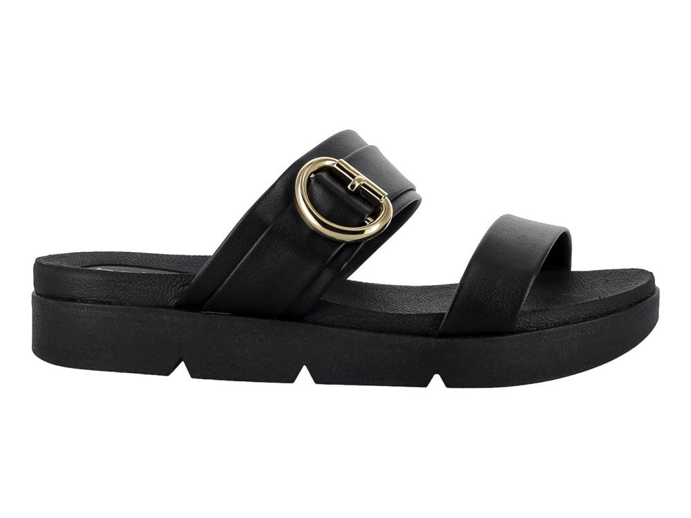 Sandalia negra de plataforma con hebilla dorada y diseño casual.