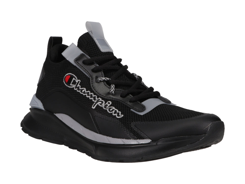 Tenis deportivos Champion en color negro con detalles en gris y logotipo blanco lateral.