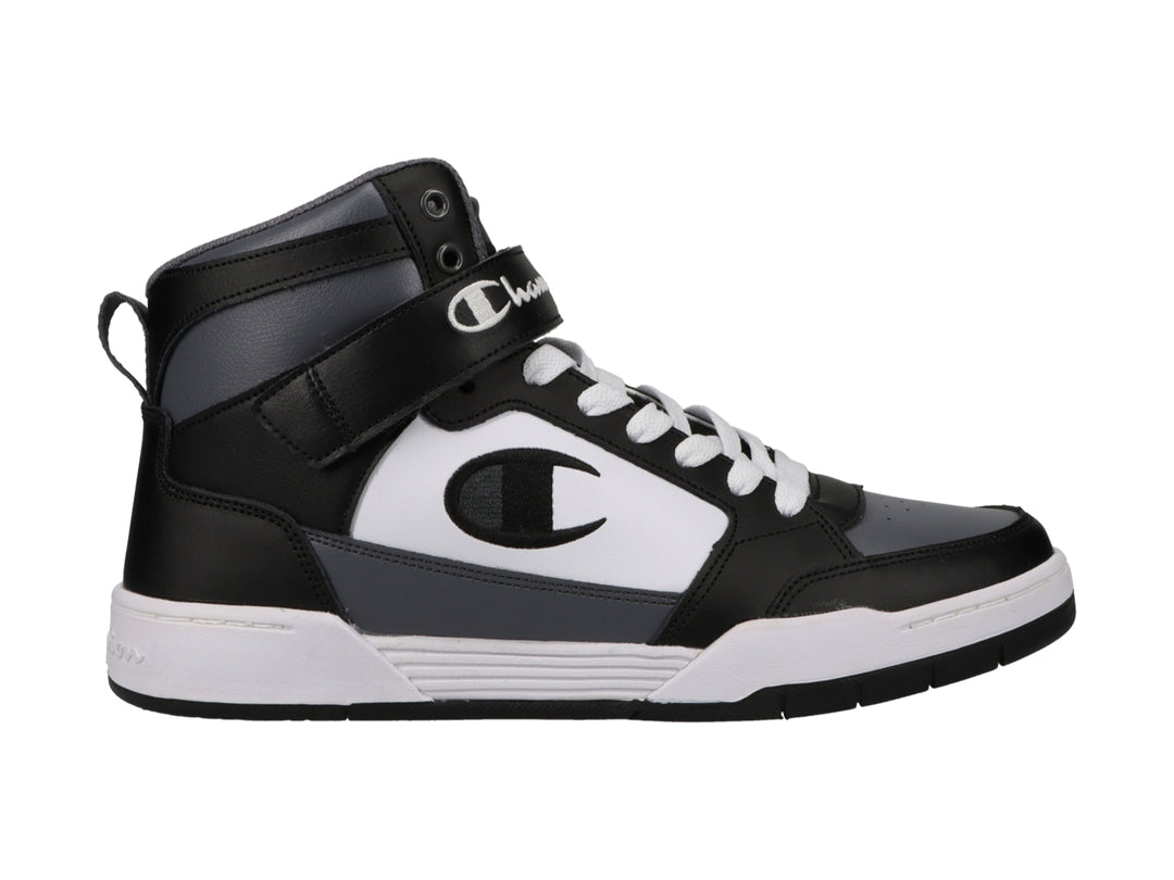 Tenis deportivos de bota marca Champion en colores negro, blanco y gris con correa ajustable en el tobillo.