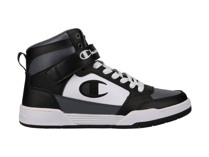 Tenis deportivos de bota marca Champion en colores negro, blanco y gris con correa ajustable en el tobillo.