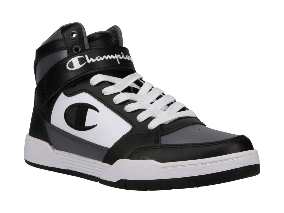 Tenis deportivos de bota marca Champion en colores negro, blanco y gris con correa ajustable en el tobillo.