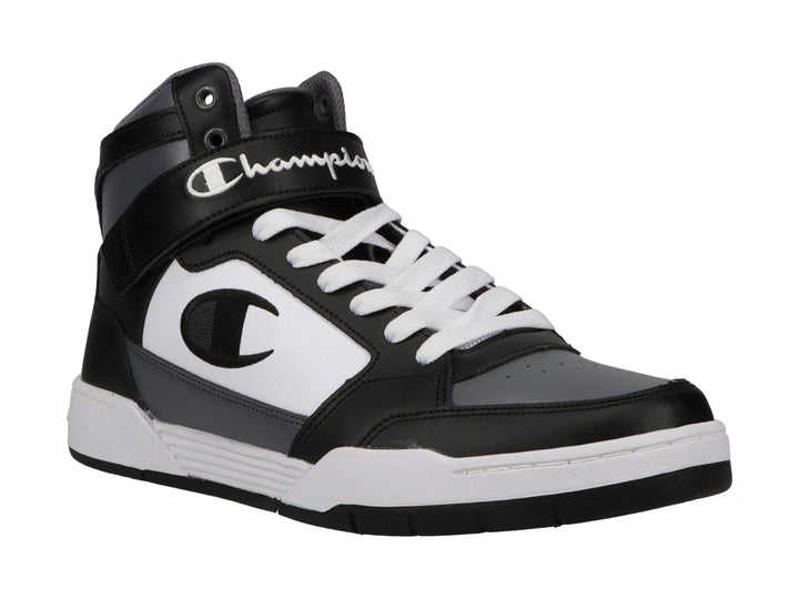 Tenis deportivos de bota marca Champion en colores negro, blanco y gris con correa ajustable en el tobillo.