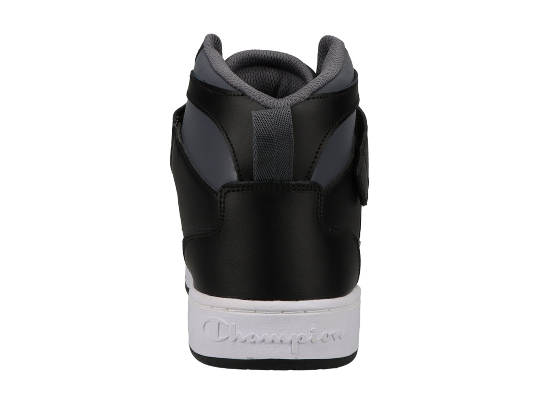 Tenis deportivos de bota marca Champion en colores negro, blanco y gris con correa ajustable en el tobillo.