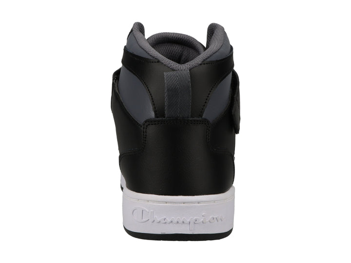 Tenis deportivos de bota marca Champion en colores negro, blanco y gris con correa ajustable en el tobillo.