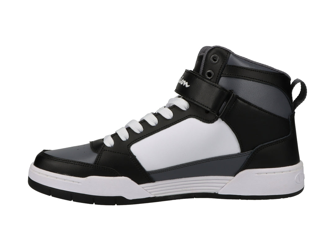 Tenis deportivos de bota marca Champion en colores negro, blanco y gris con correa ajustable en el tobillo.