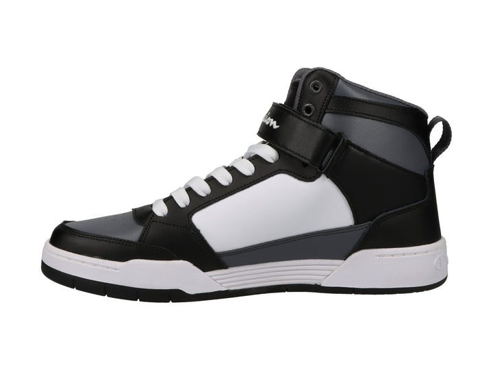 Tenis deportivos de bota marca Champion en colores negro, blanco y gris con correa ajustable en el tobillo.