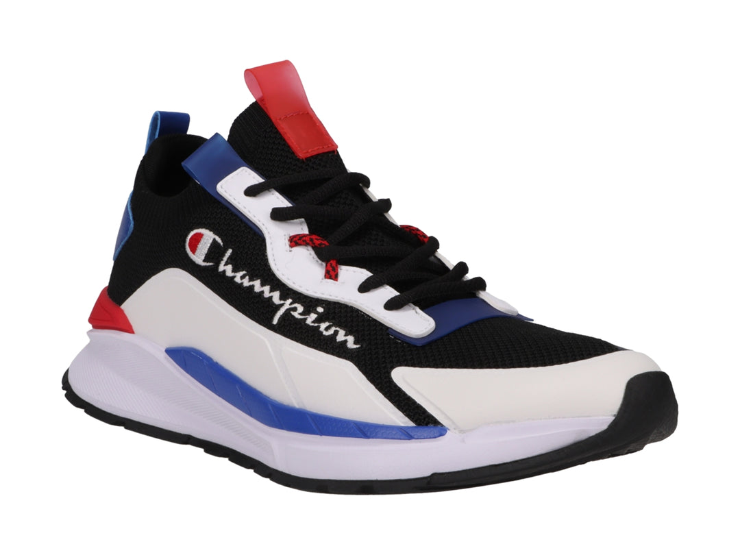 Tenis deportivos Champion en colores blanco, negro, azul y rojo con suela blanca.