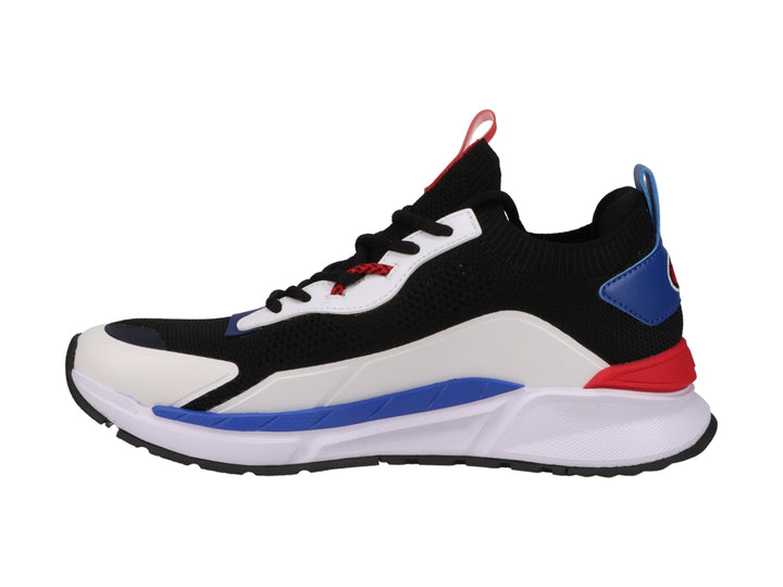 Tenis deportivos Champion en colores blanco, negro, azul y rojo con suela blanca.