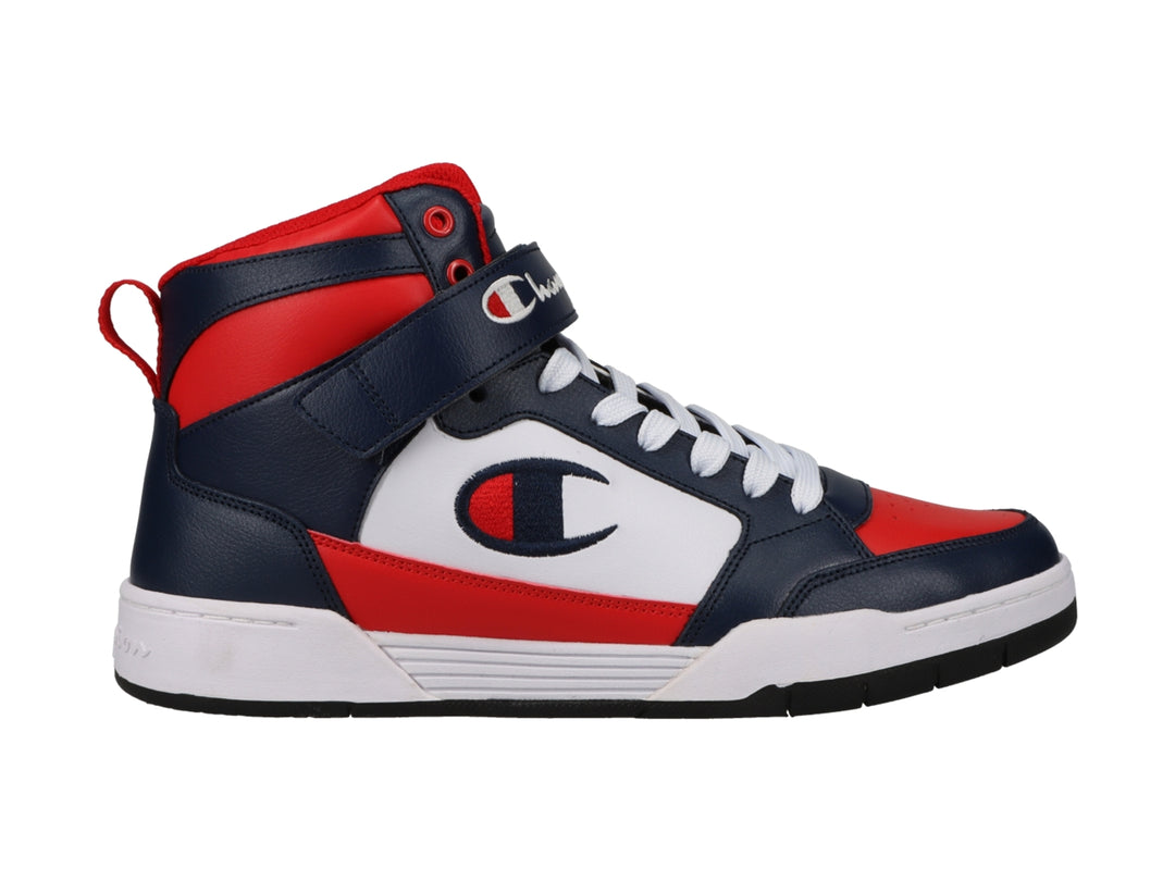 Tenis Champion de bota alta en colores azul marino, rojo y blanco con correa ajustable en el tobillo.