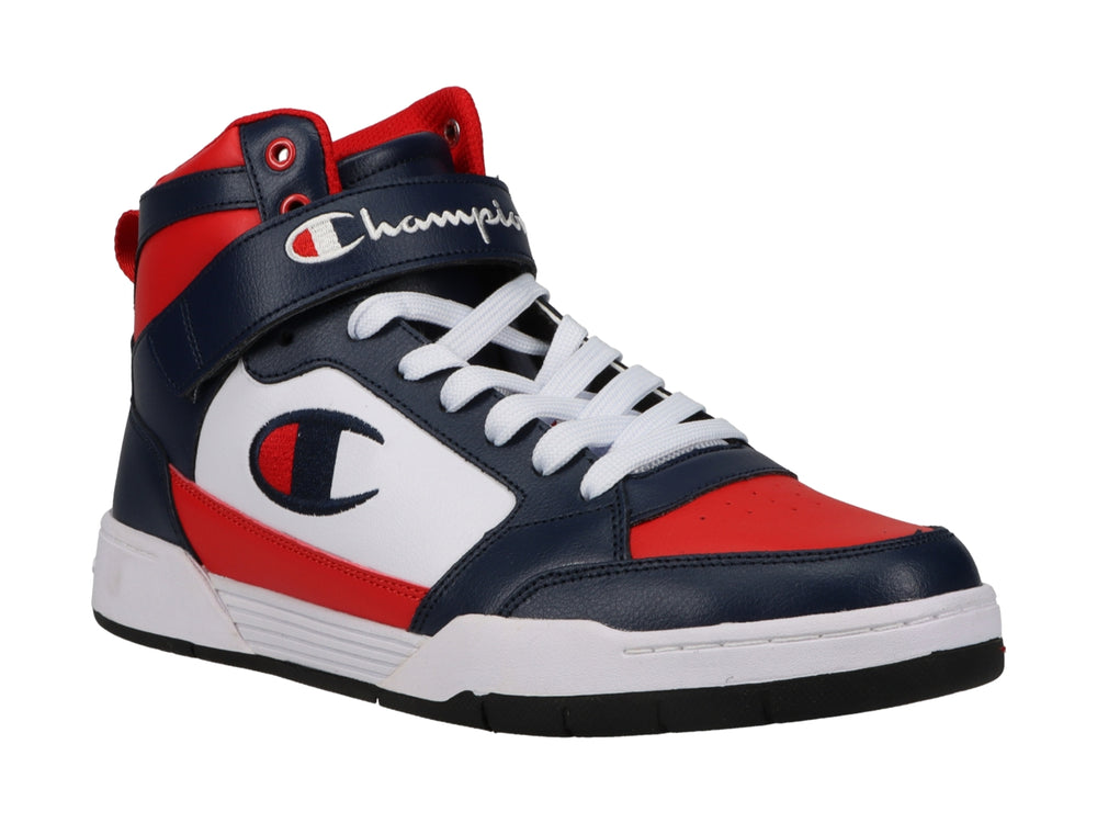 Tenis Champion de bota alta en colores azul marino, rojo y blanco con correa ajustable en el tobillo.