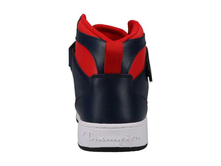 Tenis Champion de bota alta en colores azul marino, rojo y blanco con correa ajustable en el tobillo.
