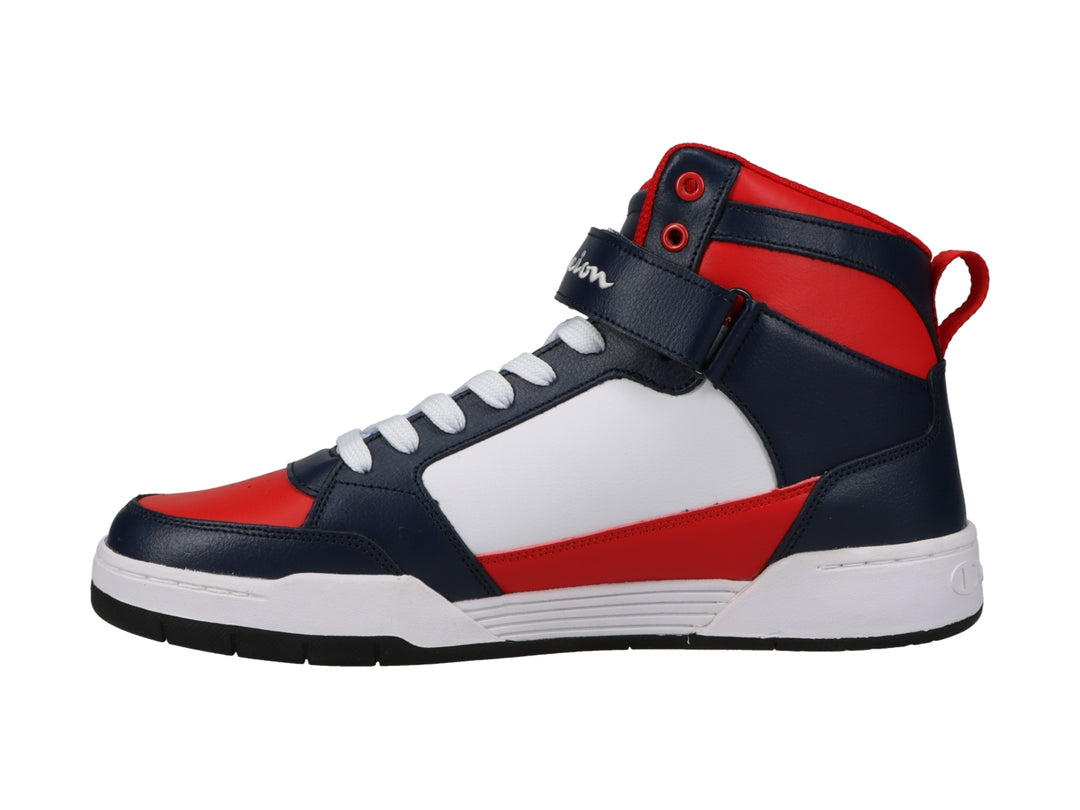 Tenis Champion de bota alta en colores azul marino, rojo y blanco con correa ajustable en el tobillo.