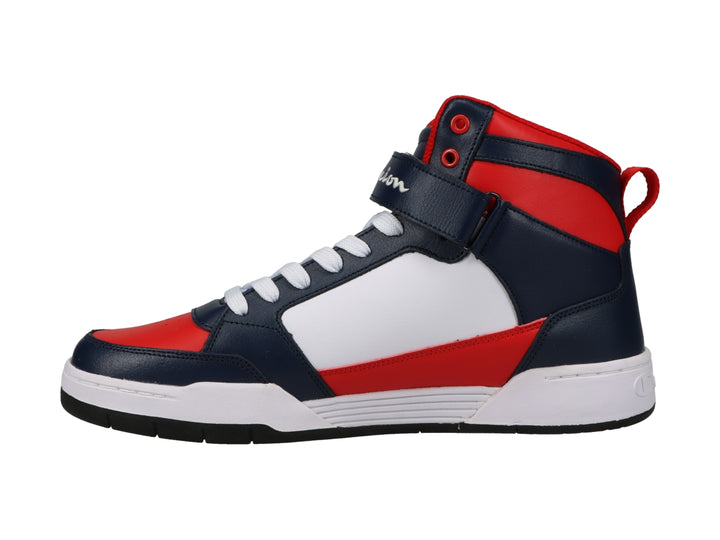 Tenis Champion de bota alta en colores azul marino, rojo y blanco con correa ajustable en el tobillo.
