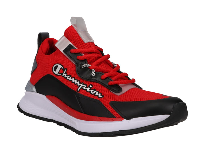 Tenis deportivos Champion color rojo y negro con suela blanca y detalles plateados.