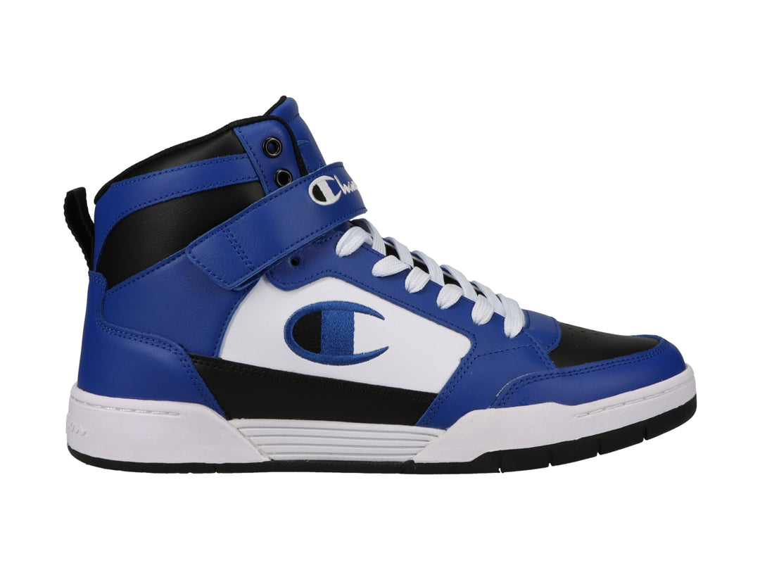 Tenis deportivos de bota en colores azul, blanco y negro con logotipo de Champion en el lateral.