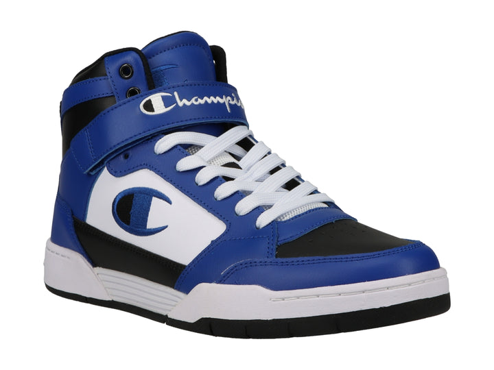 Tenis deportivos de bota en colores azul, blanco y negro con logotipo de Champion en el lateral.