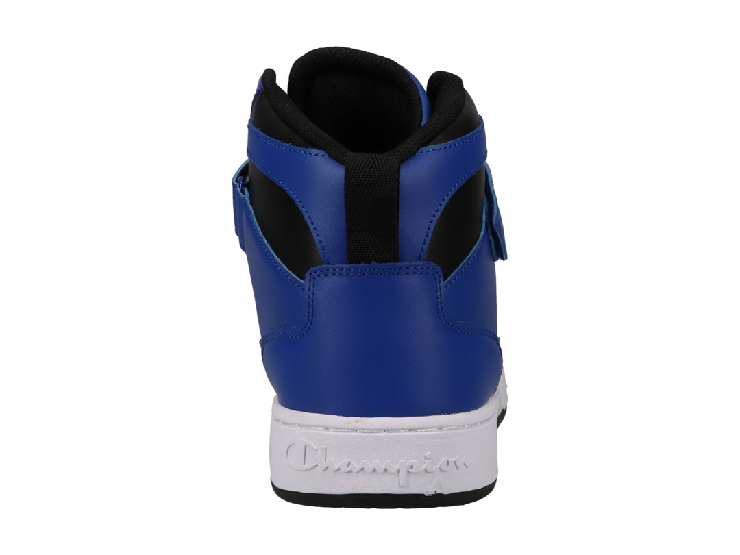 Tenis deportivos de bota en colores azul, blanco y negro con logotipo de Champion en el lateral.