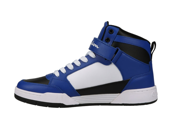 Tenis deportivos de bota en colores azul, blanco y negro con logotipo de Champion en el lateral.