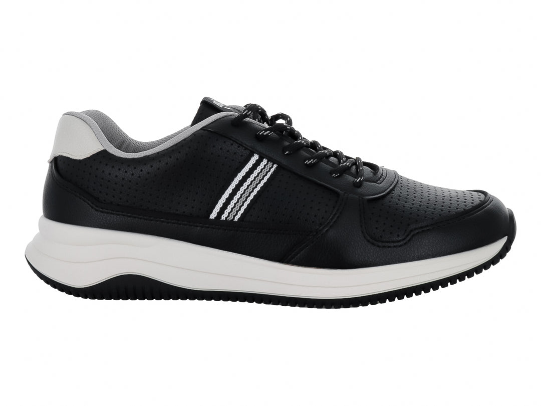 Tenis deportivos BR Sport en color negro con suela blanca y detalles laterales en blanco.